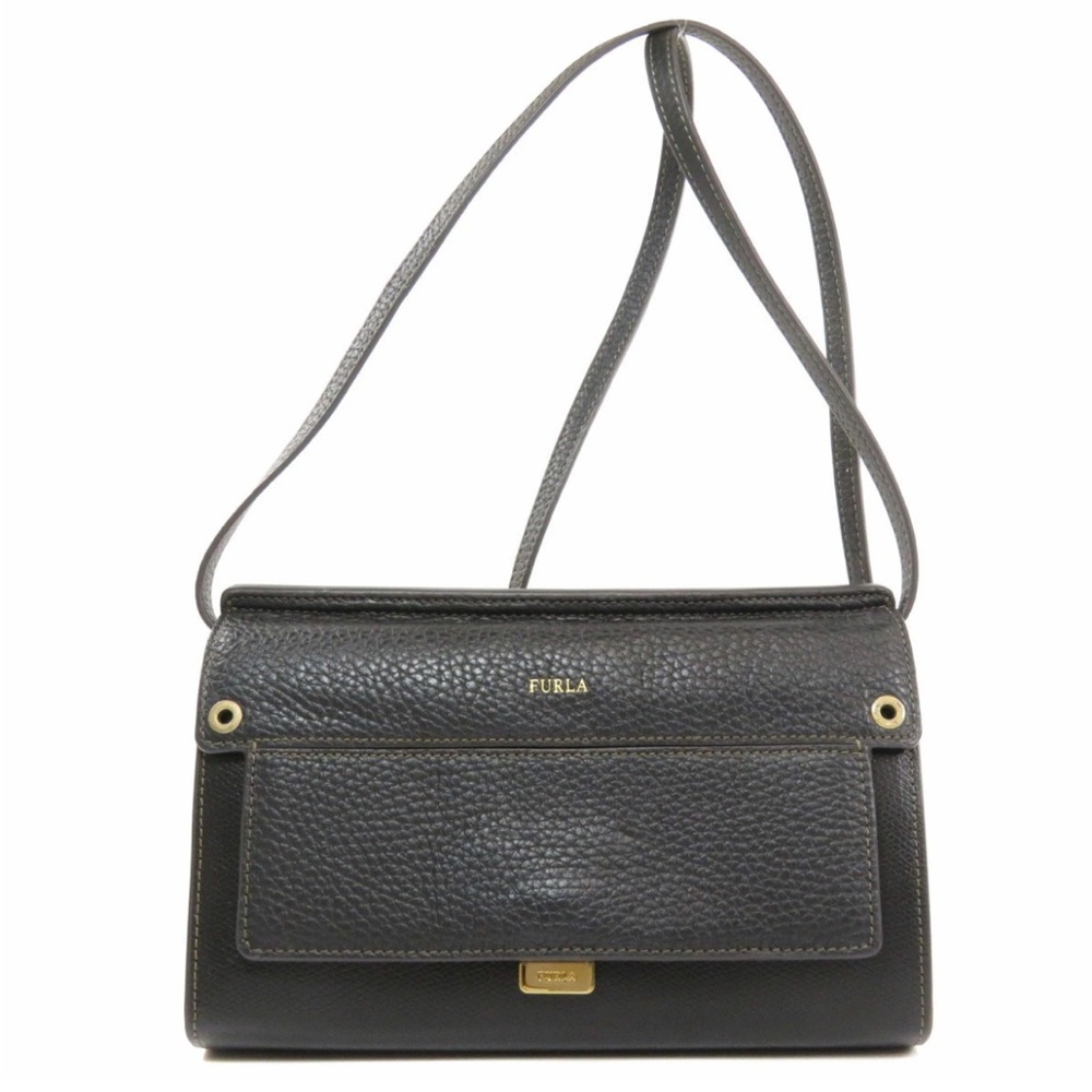 Furla Dark Black Pebble Leather Shoulder Bag | Crossbody Wallet Purse Authentic